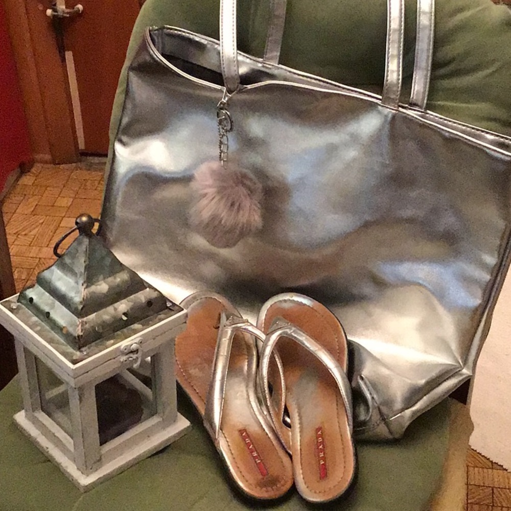 Prada Flip Flops, Macy’s Metalic Silver Tote .